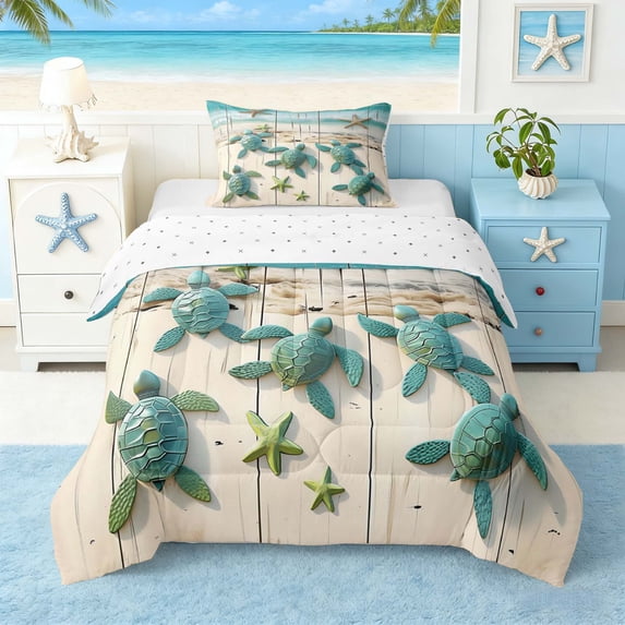 Manfei 3D Turtle Starfish Twin Comforter Sets for Kids Boys and Girls, Coastal Print Bedding Set, Reversible 2 Pieces, 1 Comforter and 1 Pillowcase