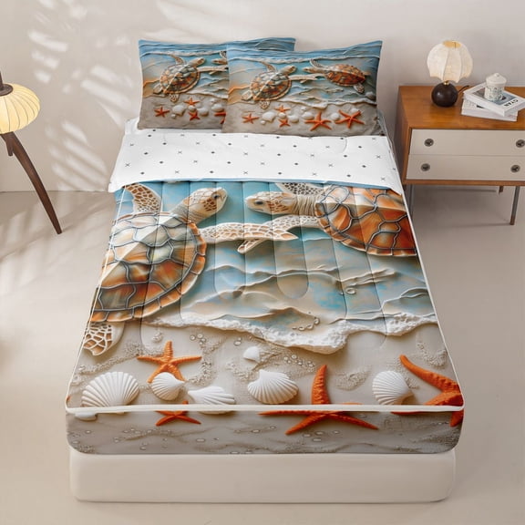Manfei 3D Turtle Zipper Twin Comforter Sets with Fitted Sheet and 2 Pillowcases for Kids Boys and Girls, Beach Wave Zipper Bedding Set, Reversible, 4 Pieces