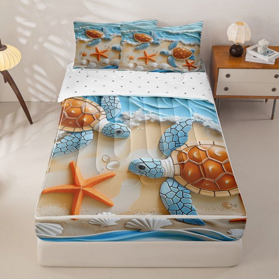 Manfei 3D Turtle Zipper Twin Comforter Sets with Fitted Sheet and 2 Pillowcases for Kids Boys and Girls, Starfish Seashell Zipper Bedding Set, Reversible, 4-Piece