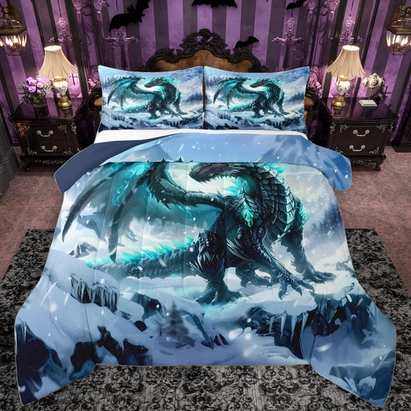 Manfei 3D Wetsern Dragon Full Size Comforter Sets for Teens, Magic Animal Bedding Comforter Set, Winter Snow Mountain Reversible Bedding Sets, Microfiber Bedroom Decor, 3 Pieces