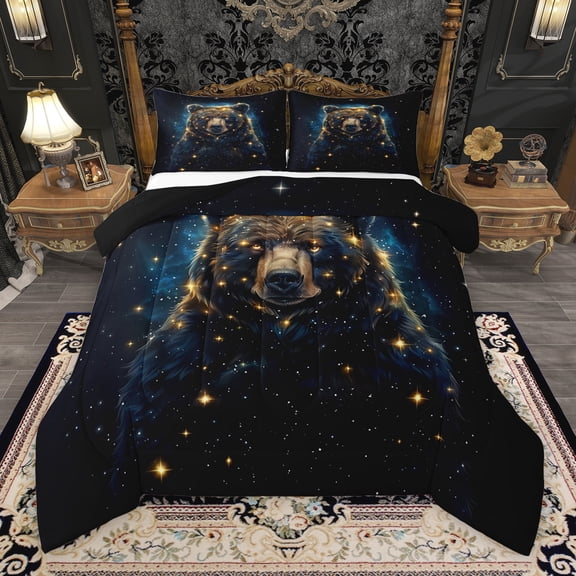 Manfei 3D Wildlife Bear Bedding Comforter Set, Mystic Glitter Stars Galaxy Twin Comforter Sets, Rustic Animal Reversible Bedding Set, Breathable Home Decor, 2pcs