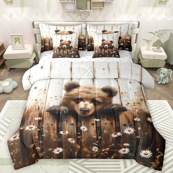 Manfei 3D Wildlife Bear Twin Bedding Sets 7-Piece for Kids, Vibrant Groovy Flower Floral Bedding Comforter Set, Western Lake House Reversible Sheet Sets, Breathable Home Decor