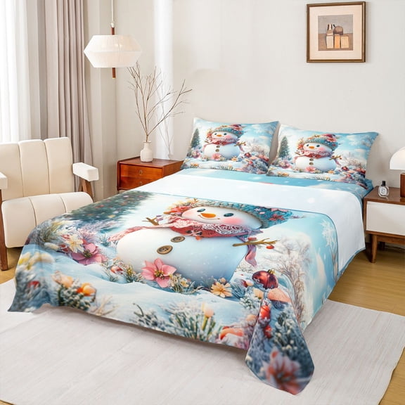 Homewish 3D Winter Snowman Bed Sheets for Teens, Pink Flower Floral King Sheets, Merry Christmas Sheet Set, Luxury Bedroom Decor, 4-Piece