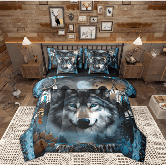 Manfei 3D Wolf Animal Bedding Comforter Set 7-Piece, Tribal Dream Catcher King Bedding Sets, Bohemian Western Wildlife Reversible Bed Sheets, Lightweight Room Decor