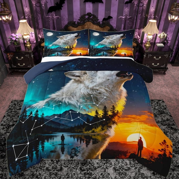 Manfei 3D Wolf Animal Bedding Comforter Set, Mystic Galaxy Constellation Twin Comforter Sets, Magic Wildlife Reversible Bedding Set, Microfiber Bedroom Decor, 2-Piece