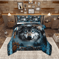 Manfei 3D Wolf Animal Bedding Comforter Set, Tribal Dream Catcher Twin Comforter Sets, Bohemian Western Wildlife Reversible Bedding Set, Lightweight Room Decor, 2pcs