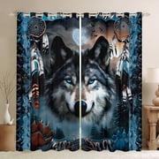 Manfei 3D Wolf Animal Black Out Curtains, Tribal Dream Catcher Curtains Pack of 2 42x63 Each, Bohemian Western Wildlife Bedroom Curtains, Living Room Curtains Decor