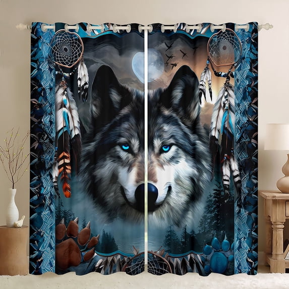 Manfei 3D Wolf Animal Black Out Curtains, Tribal Dream Catcher Curtains Pack of 2 (42x63 Each), Bohemian Western Wildlife Bedroom Curtains, Living Room Curtains Decor