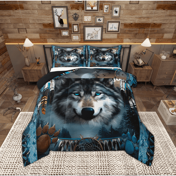 Manfei 3D Wolf Animal Full Size Comforter Sets, Tribal Dream Catcher Bedding Comforter Set, Bohemian Western Wildlife Reversible Bedding Sets, Lightweight Room Decor, 3pcs