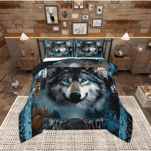 Manfei 3D Wolf Animal Full Size Comforter Sets, Tribal Dream Catcher Bedding Comforter Set, Bohemian Western Wildlife Reversible Bedding Sets, Lightweight Room Decor, 3pcs