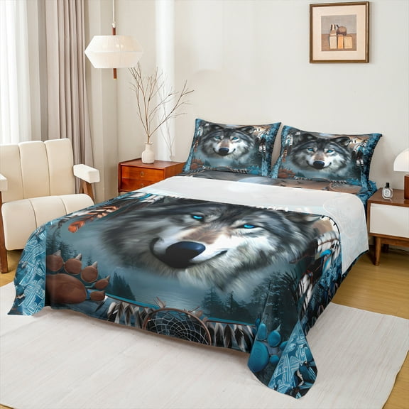 Manfei 3D Wolf Animal Twin Sheet Sets, Tribal Dream Catcher Twin Fitted Sheet, Bohemian Western Wildlife Flat Sheet, Lightweight Room Decor, 3pcs