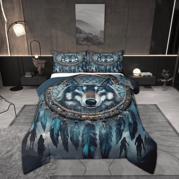 Manfei 3D Wolf Bedding Comforter Set for Kids, Dreamy Moon Galaxy Twin Comforter Sets, Woodland Animal Reversible Bedding Set, Super Cozy Room Decor, 2-Piece