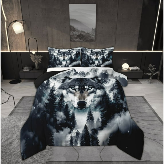 Manfei 3D Wolf Bedding Comforter Set for Kids, Nature Snow Mountain Twin Comforter Sets, Woodland Animal Reversible Bedding Set, Lightweight Room Decor, 2-Piece