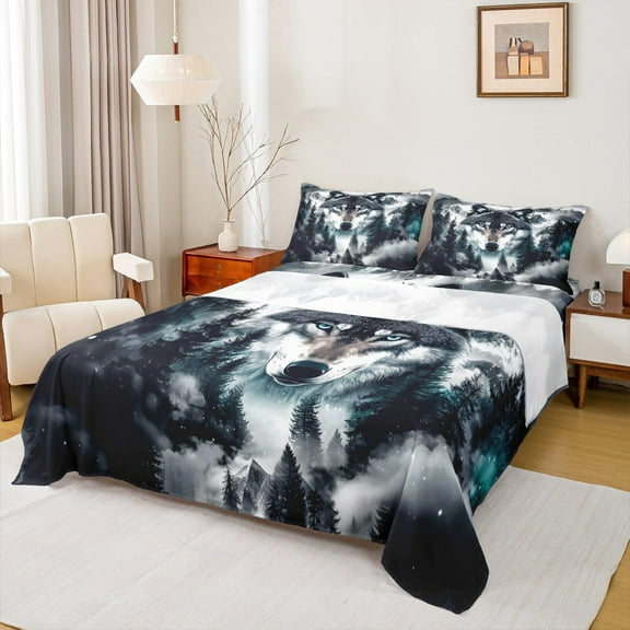 Manfei 3D Wolf Full Size Sheets for Kids, Nature Snow Mountain Bed Sheets, Woodland Animal Sheet Sets, Lightweight Room Decor, 4-Piece
