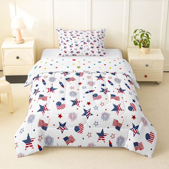 Manfei 4Th Of July Twin Comforter Sets,Stars Heart Us Flag Bedding Set,White,Polkadot Reversible,2pcs,1 Comforter and 1 Pillowcase
