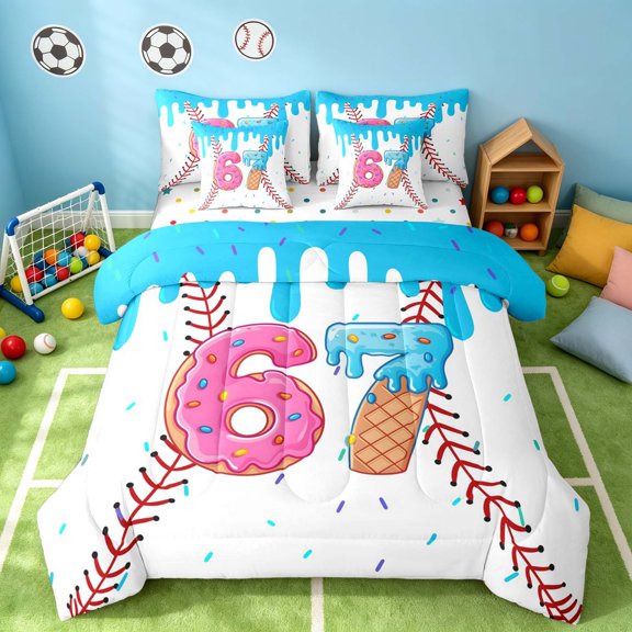 Manfei 67 Twin Bedding, Cartoon Baseball Bedding Comforter Set, HotPink Cyan White, Polka Dots Reversible 7pcs