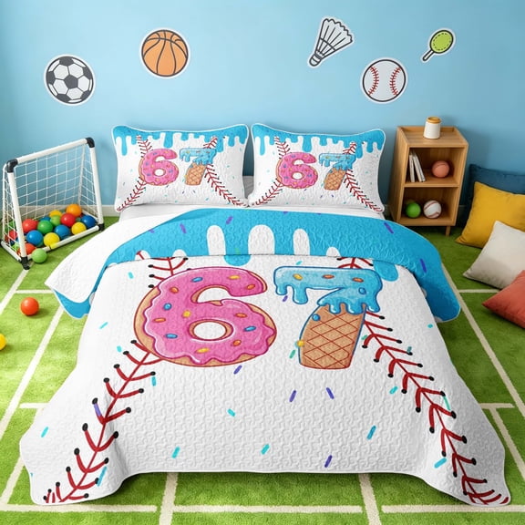Manfei 67 Twin Quilt Set, Cartoon Baseball Twin Coverlet Set, HotPink Cyan White, Polka Dots Reversible 2pcs, 1 Bedspread and 1 Pillowcase