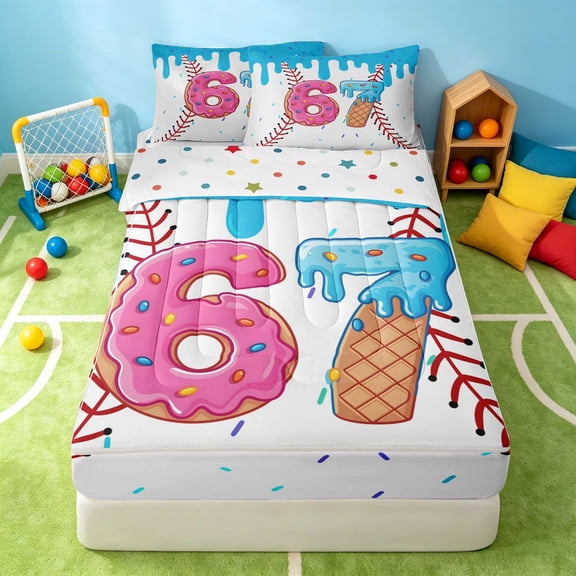 Manfei 67 Zipper Twin Comforter Sets with Fitted Sheet and 2 Pillowcases, Cartoon Baseball Zipper Bedding Set, HotPink Cyan White