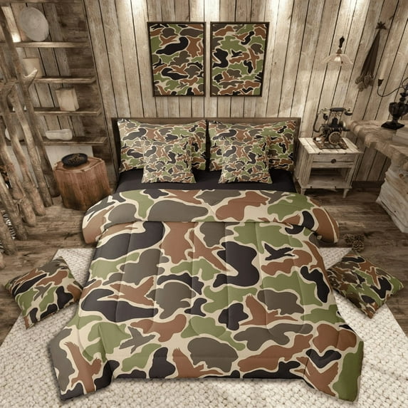 Manfei 7-Piece Full Bedding Set: Mallard Duck Abstract Camo Lightweight Comforter & Sheets