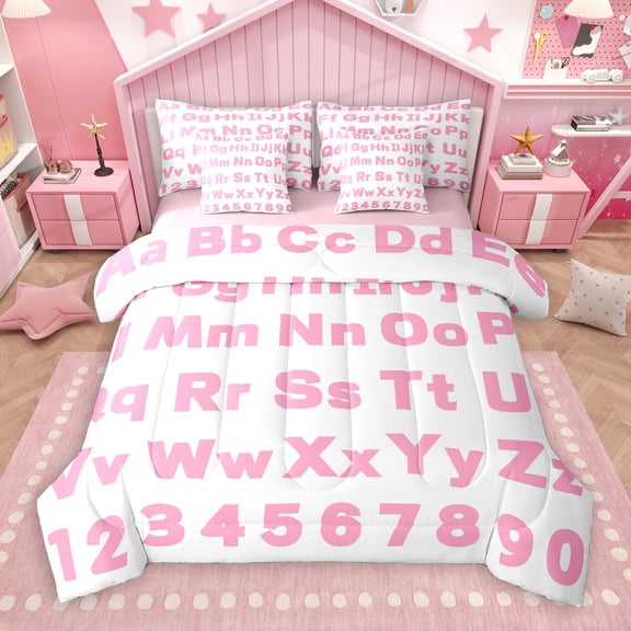 Manfei Abc Alphabet 7-Piece Bedding Comforter Set,Learning Alphabet King Bedding Sets,Pink White Bed Sheets For Girl Boys,Luxury Bedroom Decor Reversible