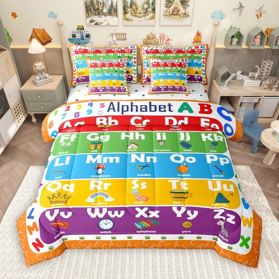 Manfei Abc Alphabet 7-Piece Twin Bedding Sets,Learning Alphabet Bedding Comforter Set,Teens Edoicational Sheet Sets For Girl Boys,Luxury Bedroom Decor Reversible