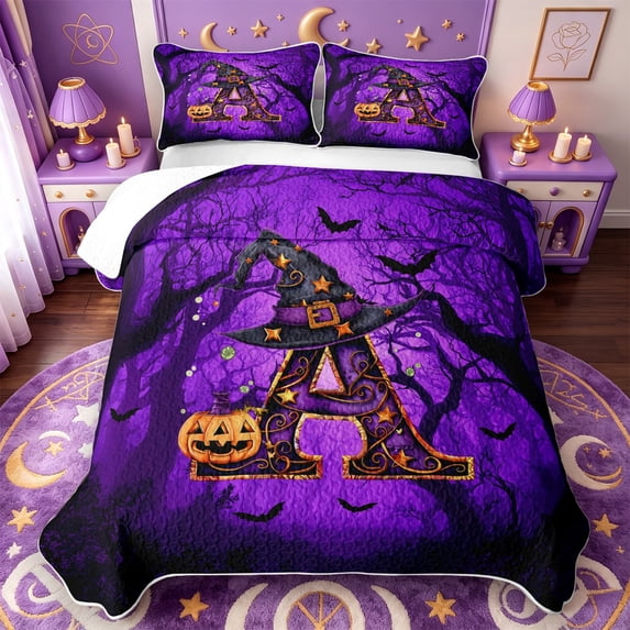Manfei Abc Print A Halloween Quilt Full,Spooky Print Full Bedspread Sets,3-Piece,1 Coverlet and 2 Pillowcases