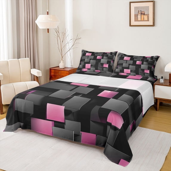 Manfei Abstract 3D Cube Bed Sheets, Geometric Checkered Fuul Size Sheets, Black and Pink, Black Reversible 4 Pieces1 Flat Sheet + 1 Fitted Sheet + 2 Pillowcases