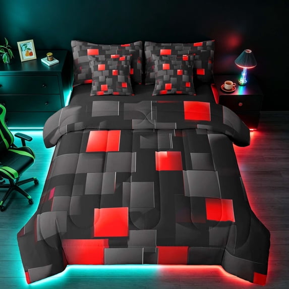 Manfei Abstract 3D Cube Full Size Bedding Sets, Geometric Checkered Full Size Bed in a Bag, Black and Red, Black Reversible 7 Pieces