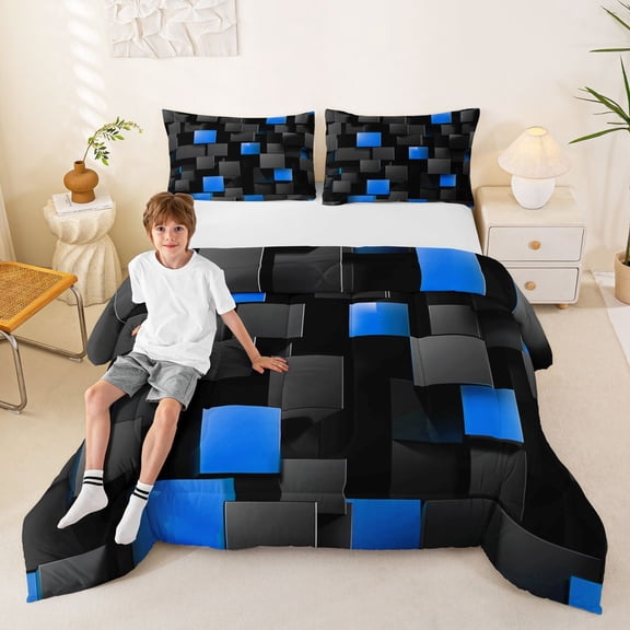 Manfei Abstract 3D Cube Full Size Comforter Sets, Geometric Checkered Bedding Comforter Set, Black and Blue, Black Reversible 3 Pieces, 1 Comforter and 2 Pillowcases