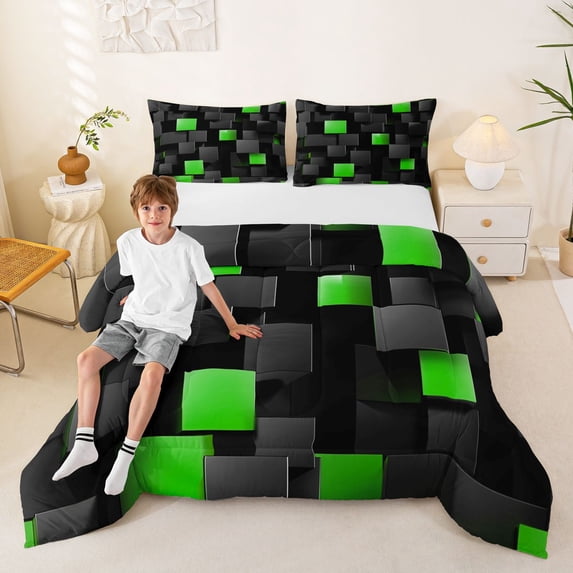 Manfei Abstract 3D Cube Full Size Comforter Sets, Geometric Checkered Bedding Comforter Set, Black and Green, Black Reversible 3pcs, 1 Comforter and 2 Pillowcases