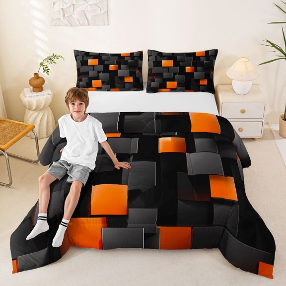 Manfei Abstract 3D Cube Full Size Comforter Sets, Geometric Checkered Bedding Comforter Set, Black and Orange, Black Reversible 3-Piece, 1 Comforter and 2 Pillowcases