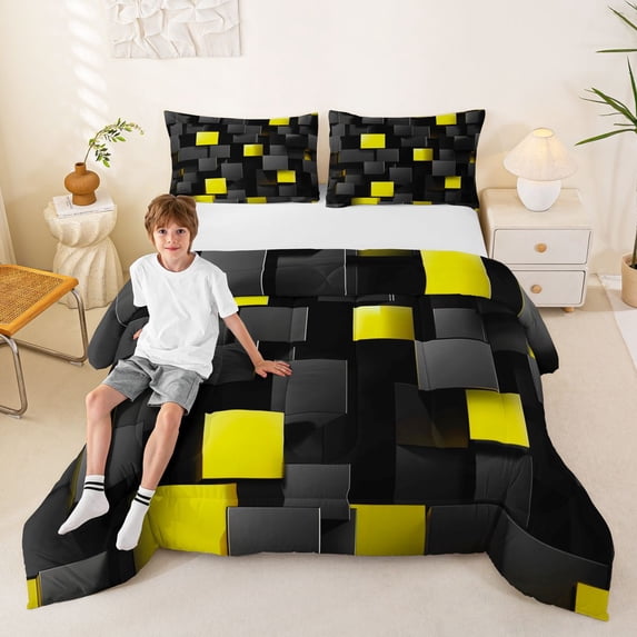 Manfei Abstract 3D Cube Queen Comforter Set, Geometric Checkered Comforter Sets Queen, Black and Yellow, Black Reversible 3-Piece, 1 Comforter and 2 Pillowcases