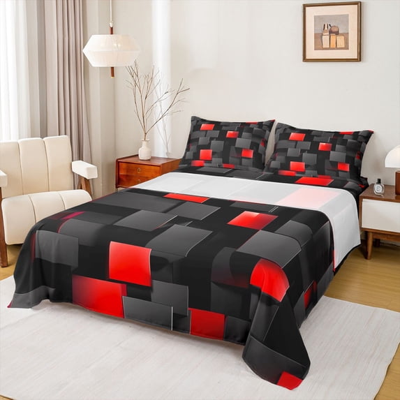 Manfei Abstract 3D Cube Queen Sheets, Geometric Checkered Queen Sheet Sets, Black and Red, Black Reversible 4pcs1 Flat Sheet + 1 Fitted Sheet + 2 Pillowcases
