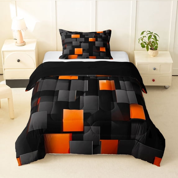 Manfei Abstract 3D Cube Twin Comforter Sets, Geometric Checkered Bedding Set, Black and Orange, Black Reversible 2-Piece, 1 Comforter and 1 Pillowcase