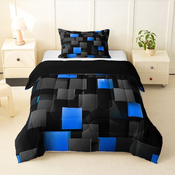 Manfei Abstract 3D Cube Twin Comforter Sets, Geometric Checkered Bedding Set, Black and Blue, Black Reversible 2 Pieces, 1 Comforter and 1 Pillowcase