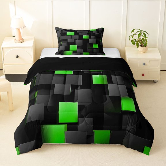 Manfei Abstract 3D Cube Twin Comforter Sets, Geometric Checkered Bedding Set, Black and Green, Black Reversible 2pcs, 1 Comforter and 1 Pillowcase