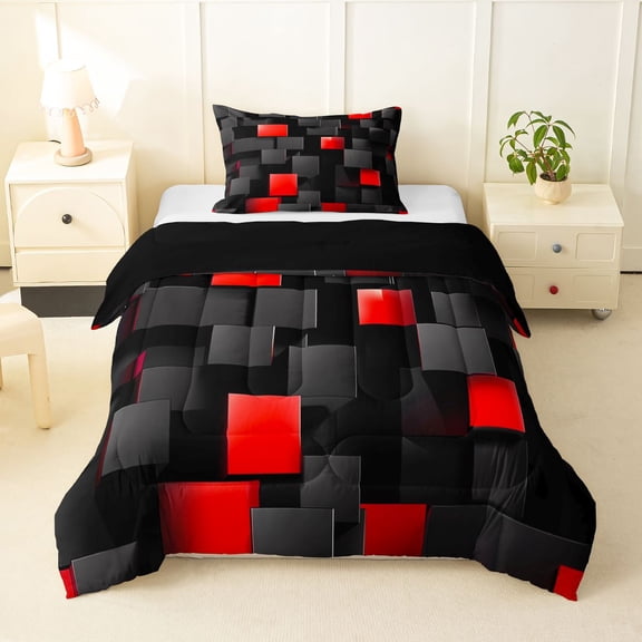 Manfei Abstract 3D Cube Twin Comforter Sets, Geometric Checkered Bedding Set, Black and Red, Black Reversible 2pcs, 1 Comforter and 1 Pillowcase