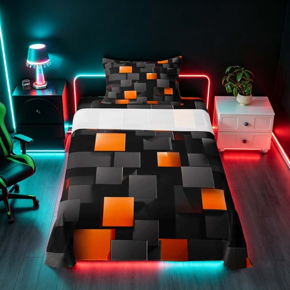 Manfei Abstract 3D Cube Twin Sheets, Geometric Checkered Bedding, Black and Orange, Black Reversible 3-Piece1 Flat Sheet + 1 Fitted Sheet + 1 Pillowcase