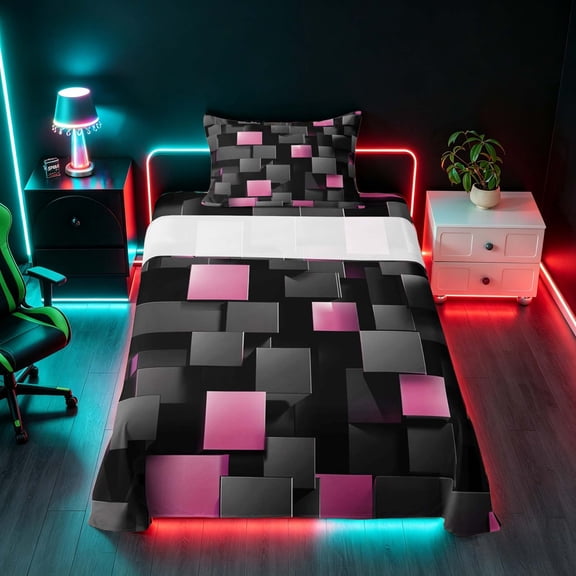 Manfei Abstract 3D Cube Twin Sheets, Geometric Checkered Bedding, Black and Pink, Black Reversible 3 Pieces1 Flat Sheet + 1 Fitted Sheet + 1 Pillowcase