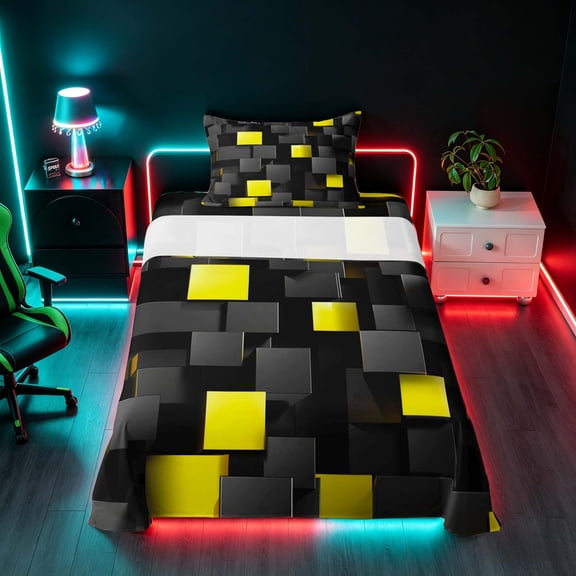 Manfei Abstract 3D Cube Twin Sheets, Geometric Checkered Bedding, Black and Yellow, Black Reversible 3-Piece1 Flat Sheet + 1 Fitted Sheet + 1 Pillowcase
