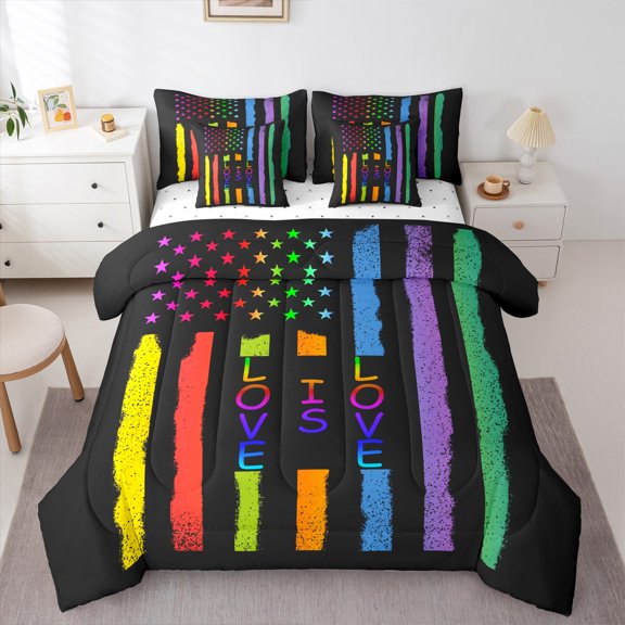 Manfei Abstract American Flag 7-Piece Bedding Comforter Set,Multicolor Geometris Lines King Bedding Sets,Colorful Stars Print Bed Sheets For Kids,Super Cozy Room Decor