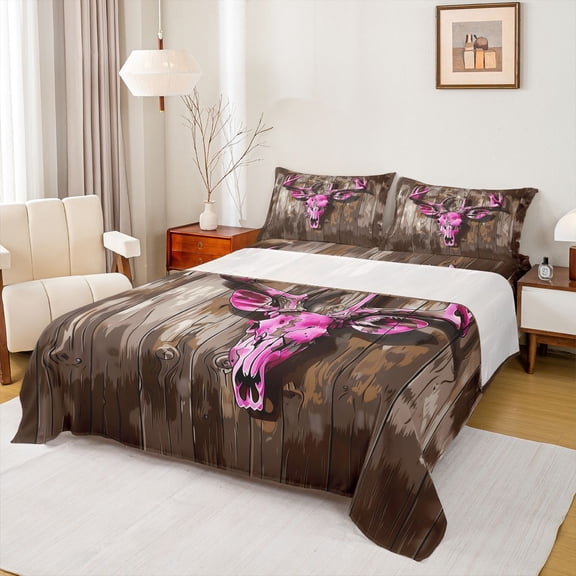 Manfei Abstract Animal Deer 4 Pieces Queen Sheet Sets for Female Men,Lodge Cabin Ultra Soft Flat Sheet,Woodland Wildlife Queen Fitted Sheet,Microfiber Bedroom Decor
