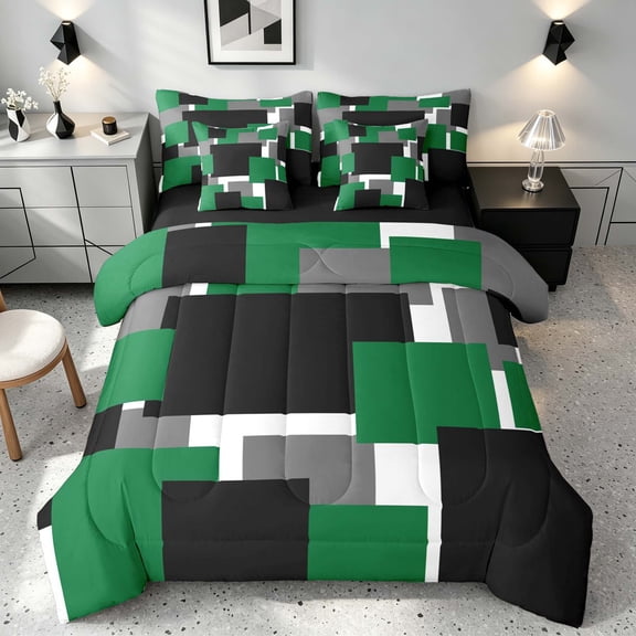 Manfei Abstract Block Queen Bedding, Modern Square Bedding Comforter Set Queen, Green Black Gray, Black Reversible 7-Piece