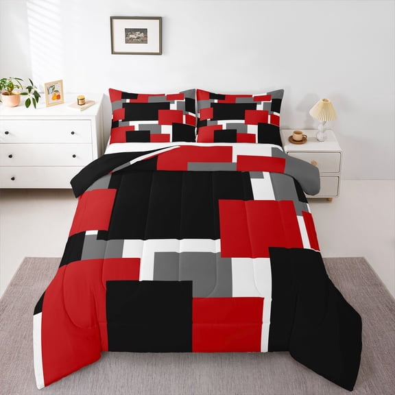 Manfei Abstract Block Queen Comforter Set, Modern Square Comforter Sets Queen, Red Black Gray, Black Reversible 3-Piece, 1 Comforter and 2 Pillowcases