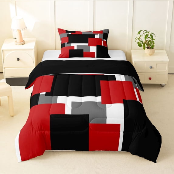 Manfei Abstract Block Twin Comforter Sets, Modern Square Bedding Set, Red Black Gray, Black Reversible 2-Piece, 1 Comforter and 1 Pillowcase