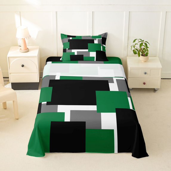 Manfei Abstract Block Twin Sheets, Modern Square Bedding, Green Black Gray, Black Reversible 3 Pieces1 Flat Sheet + 1 Fitted Sheet + 1 Pillowcase