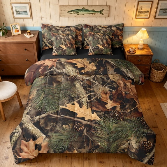 Manfei Abstract Branches Twin Bedding, Rustic Leaf Plant Bedding Comforter Set, Chocolate Brown, Black Reversible, 7pcs