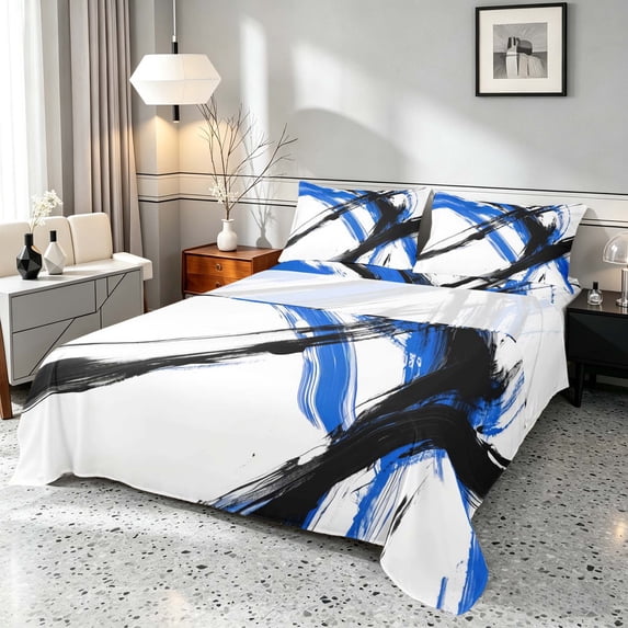 Manfei Abstract Brushstroke Bed Sheets, Watercolor Art Fuul Size Sheets, Blue, Black and White, Gray Reversible 4-Piece1 Flat Sheet + 1 Fitted Sheet + 2 Pillowcases