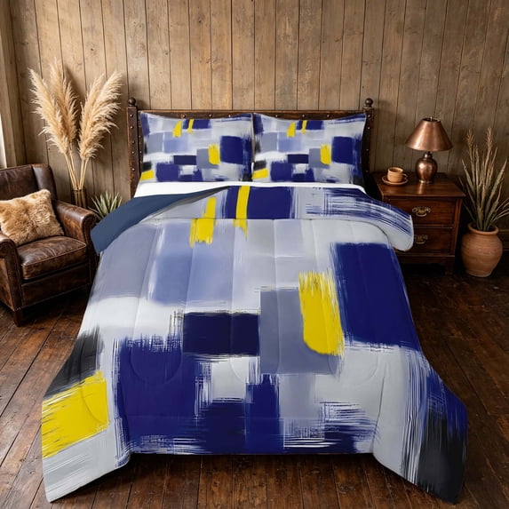 Manfei Abstract Brushstroke Full Size Comforter Sets, Blue Yellow Plaid Bedding Comforter Set, Blue Yellow, Navy Reversible 3 Pieces, 1 Comforter and 2 Pillowcases