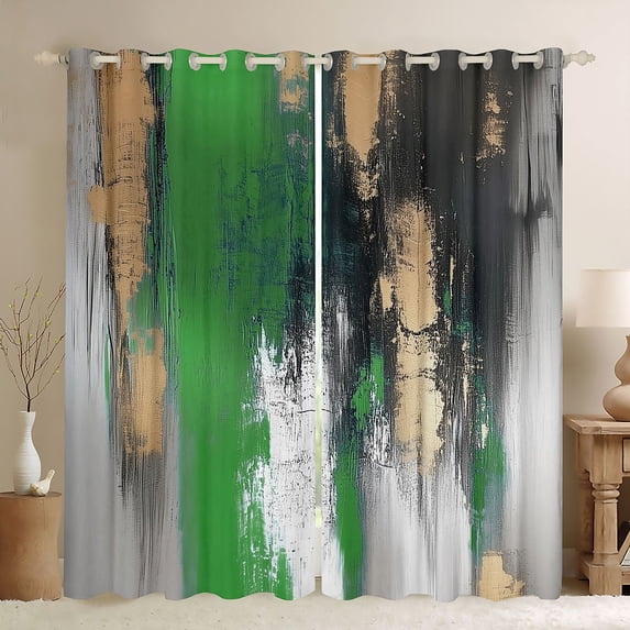 Manfei Abstract Brushstroke Kitchen Curtains, Green Black Gold Ombre Black Out Curtains Pack of 2 (42x63 Each)